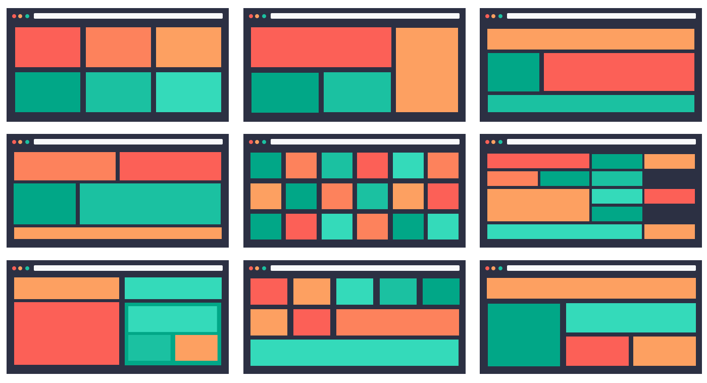 A set of web page layouts in different colors, all representing CSS grid layout capabilities